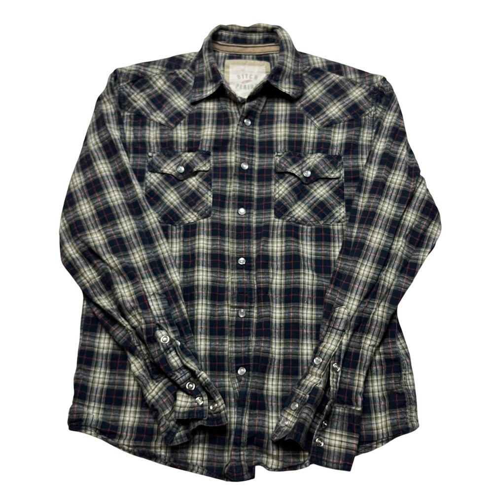 Ditch Plains Shirt Mens Medium Green Black‎ Plaid Western Pearl Snap Flannel